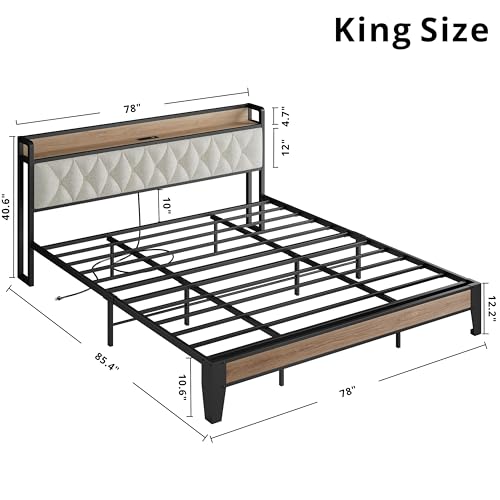 King Size Bed Frame with Headboard & Charging Station,Wood and Cream