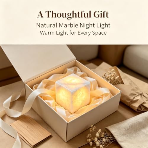 Natural Marble Lamp Cordless Pat Control Night Light Rechargeable Small Marble Table Lamp, Dimming Warm Glow Portable Stone Touch Lamp for Bedroom, Living Room, Decor Gift (Cube-Crystal)