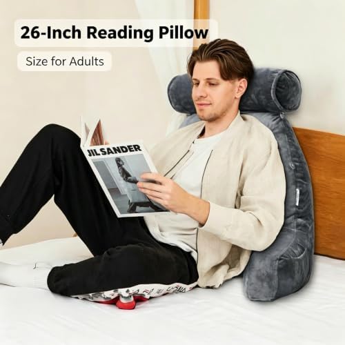 26" Reading Pillow for Sitting Up in Bed, Backrest with Arms
