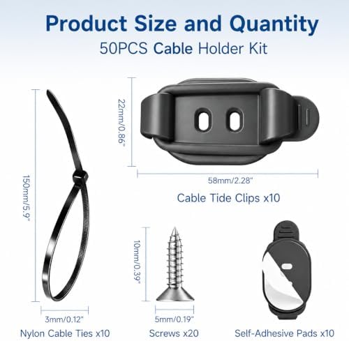 20 Sets Adjustable Cable Management Clips, Self Adhesive Cord Organizer with Elastic Loop, Reusable Cable Holder for Desk, Under Desk, Wall, TV, Office, Home, Charging Cables, USB, HDMI, PC Wires