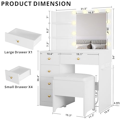 Vanity Desk with Mirror and Lights, White