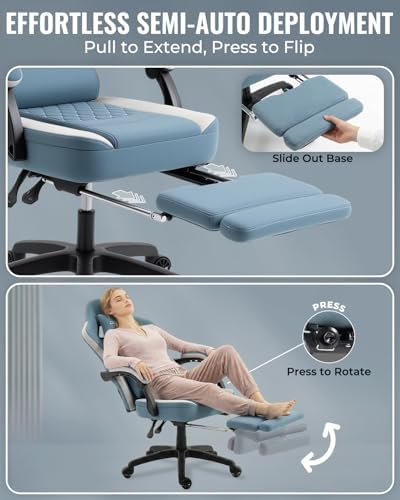 Dowinx Gaming Chair Breathable Fabric Game Chair with Gel Pad and Storage Bag, Comfortable Gamer Chair with Pocket Spring Cushion, Ergonomic Computer Chair with Footrest, Blue and White