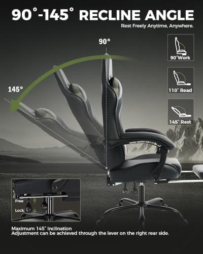 LUCKRACER Gaming Chair with Footrest, Pocket Spring Seat, 90°-135° Reclining Computer Chair with Linkage Armrests, Lumbar Support, Height Adjustment, SGS-Tested Gas Lift, 330 lbs Capacity, Grey