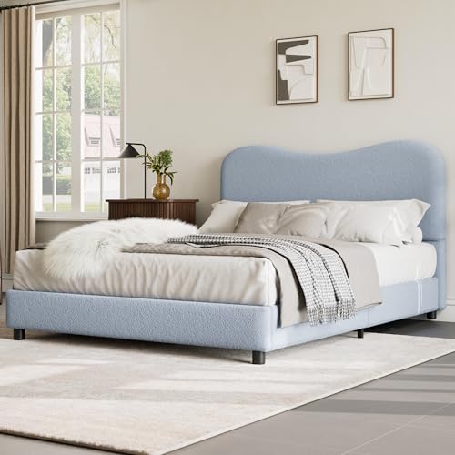 Queen Bed Frame with Boucle Fabric, Blue