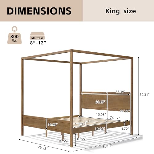 King Canopy Bed Frame with Headboard & 4 Posters, Antique Natural