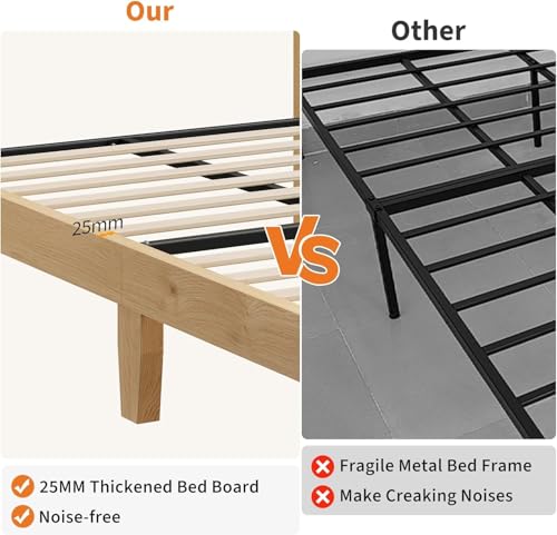 GAOMON Full Size Wood Bed Frame with LED Light and Rattan Headboard