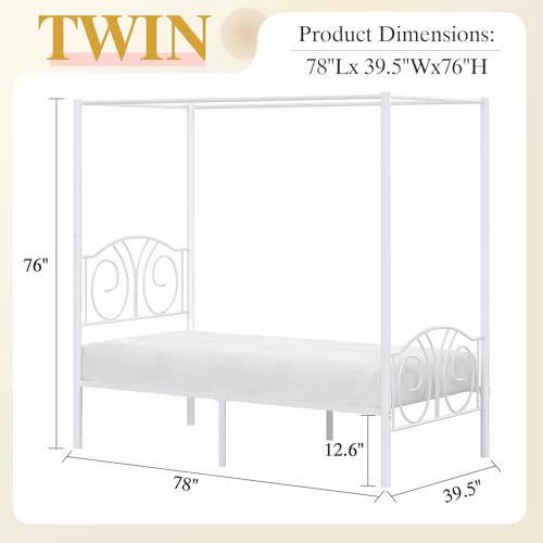 Twin Canopy Bed Frame, Vintage Scrollwork Headboard, Pure White