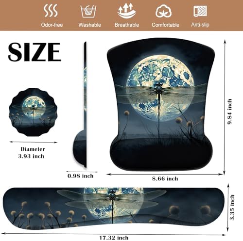 Keyboard Wrist Rest and Mouse Pad Wrist Support with Lace-Shaped Coaster Set, Ergonomic Gel Memory Foam and Anti-Slip Base, Easy Typing and Pain Relief - Dragonfly Moon