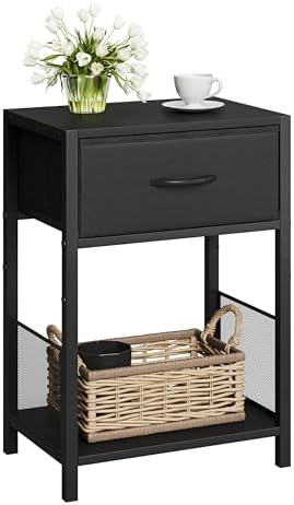YAUKOMEL Night Stand with Fabric Drawer for Bedroom,Black Nightstand