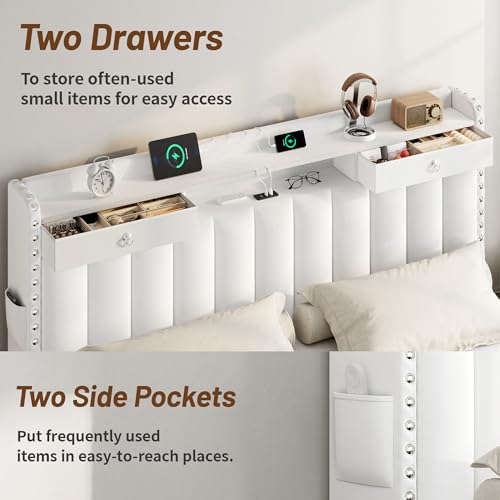 Queen Bed Frame with Headboard ＆ 4 Storage Drawers & White Gift