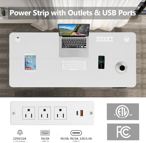 Electric Adjustable Height Standing Desk, 55×24 Inches Sit Stand Desk with Power Socket, 2 USB Ports, 3 Power Outlets, 4 Wheels,4 Memory Buttons Home Office Computer Workstations(White)
