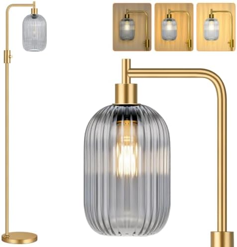 【Upgraded】 Dimmable Floor Lamp for Living Room with Gray Ribbed Glass Lampshade, Gold Modern Floor Lamp with 900LM LED Bulb Included, Arc Standing Tall Lamp for Bedroom, Office, Reading Room, Corner