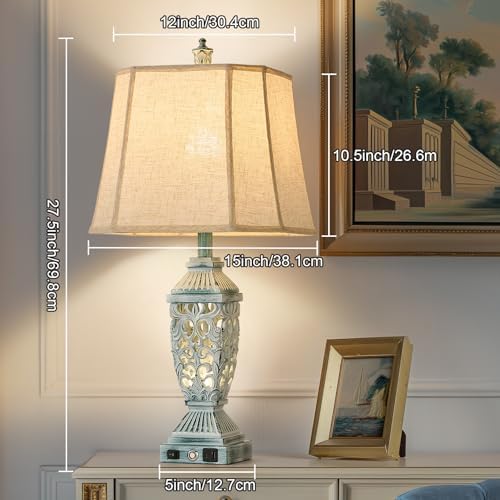 AIDENOEY Farmhouses Table Lamp with USB & USB-C Charging Ports, 3-Color Dimmable & Stepless Bottom Dimming, Touch Control & Switch, Vintage Bedside Lamp for Bedroom Living Room Office,(27.5" high)
