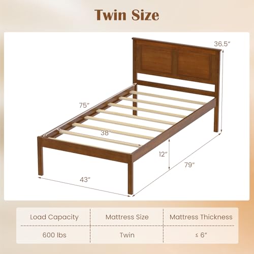 Twin Size Bed Frame with Solid Wood Legs and Wooden Slats