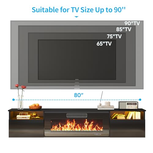 70" Floating TV Stand with 36" Electric Fireplace Heater, Black