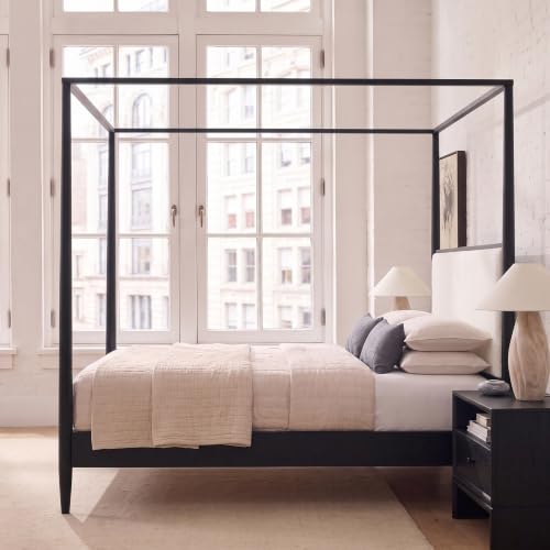 Queen Size Wood Canopy Bed with Upholstered Headboard, Black