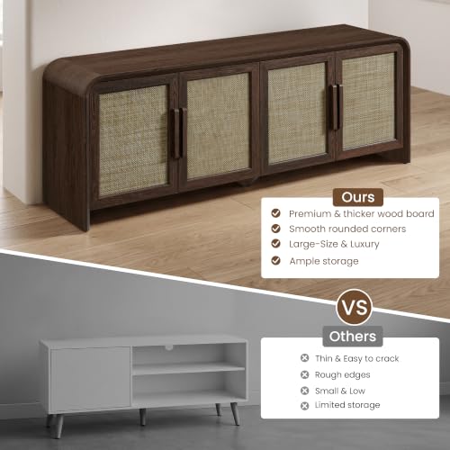 65" Rattan TV Stand with Storage for 75" TV,Dark Walnut
