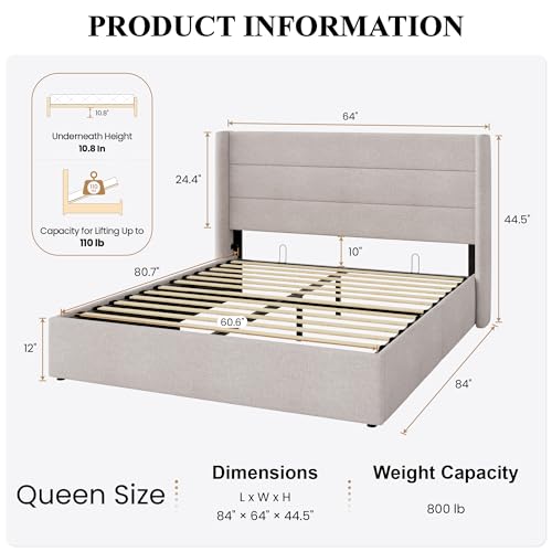 Queen Size Lift Up Hydraulic Storage Bed Frame Light Beige