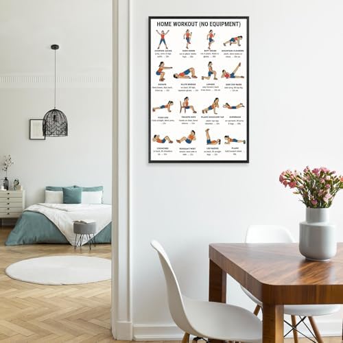 No Equipment Home Workout Poster, 16 Illustrated Full-Body Bodyweight Training Chart with Rep & Timing Guides, Beginner Friendly Full Physique Fitness Reference for Indoor Daily Cardio & Strength Building Routine(12x18inchs，Unframed)