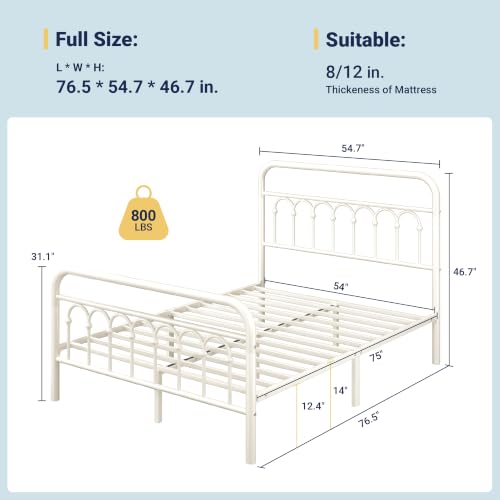 Full Size Metal Platform Bed Frame with Headboard, Cream