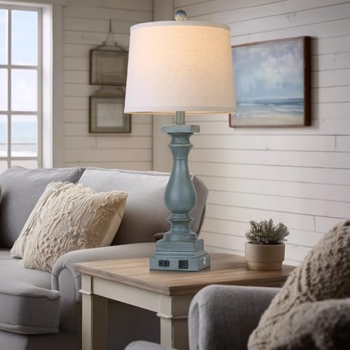 28" Tall Farmhouse Table Lamp with USB C+A Ports and AC Outlet, 3 Way Touch Control Rustic Bedside Lamp for Bedroom, Blue Vintage Nightstand Lamp for Living Room Office