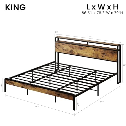 King Size Bed Frame with 2-Tier Storage Shelf Headboard