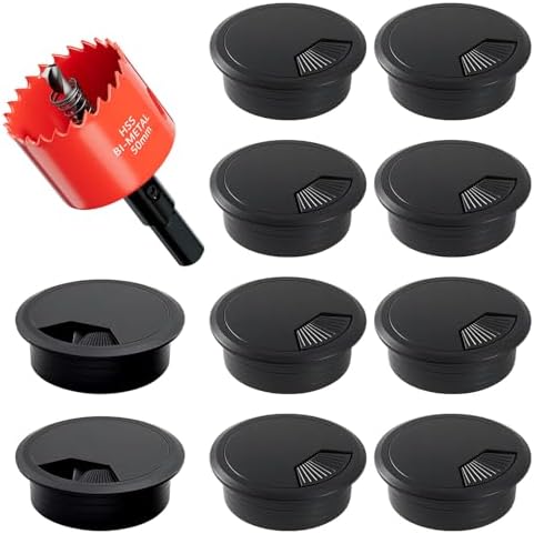 Desk Grommet & Cable Grommet 2 Inch (10 Pack) - Black Desk Hole Cover with Hole Saw - Cable Management Kit for Office, TV Stand, Workstation - Hide Wires Behind Wall, Cable Pass Through (50mm)