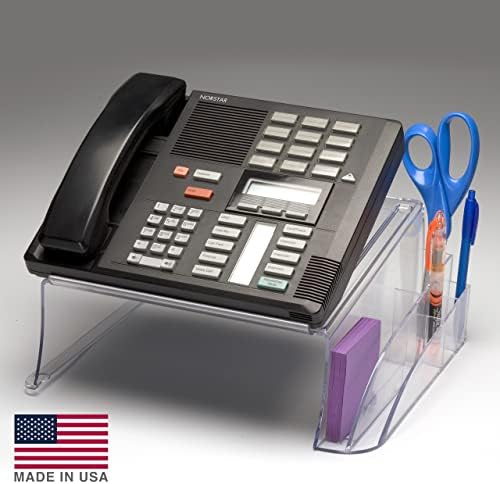 Officemate Telephone Stand - Laptop Stand and Desk Organizer with Storage Underneath, 3 Pen Compartments, 2 Accessory Holders, Non-Skid Rubber Pads, 12.5 x 10.125 x 5.25 Inches, Clear