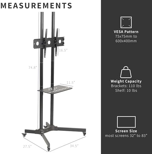 VIVO Tall TV Cart for 32 to 83 inch Screens up to 110 lbs, LCD LED OLED 4K Smart Flat and Curved Panels, Rolling Stand with Laptop DVD Shelf, Locking Wheels, Max VESA 600x400, Black, STAND-TV13E