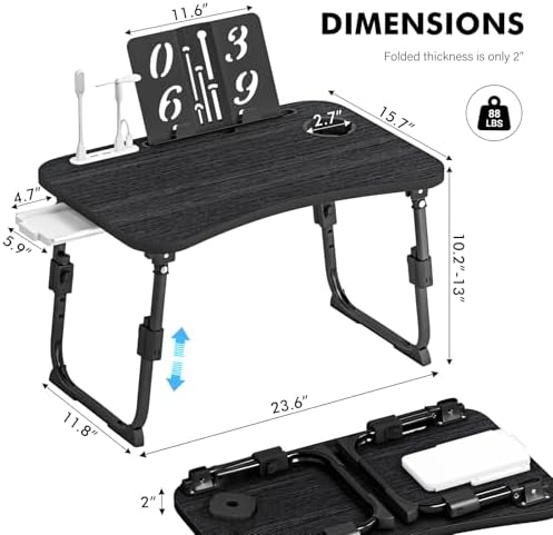 Lap Desk for Bed Adjustable Height, Foldable Bed Table with Storage Drawer, Tablet Slot & Cup Holder, Portable Laptop Stand for Bed & Sofa, Bed Desk for Adults & Kids, Black