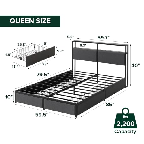 Zinus Michael Upholstered Platform Bed Frame, Four Underbed Drawers, Queen