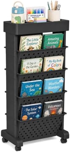 5-Tier Rolling Bookshelf Cart with Wheels, Black