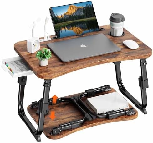 BYMECOST Laptop Desk for Bed, Height Adjustable Laptop Bed Table, Foldable Portable Lap Desk Stand with USB/Storage Drawer/Cup Holder/Slot, Breakfast Tray for Working Reading Writing Eating