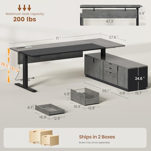 71" Executive Large L Shaped Electric Standing Desk, Grey