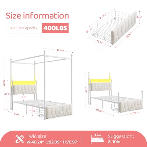 Twin Canopy Bed Frame with Drawers, LED and Charging Station,White