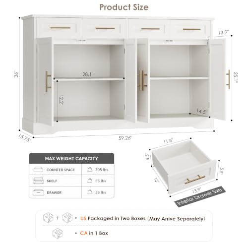 60" W Sideboard Buffet Cabinet with Storage, Kitchen Cabinet, White
