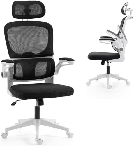 Ergonomic Office Chair with Flip-up Arms & Coat Hanger, White