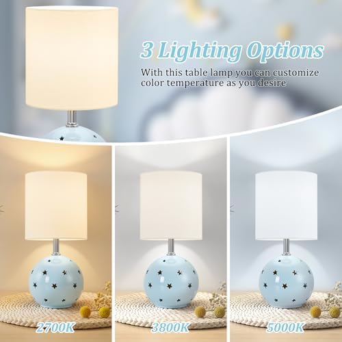 Small Table Lamp, 14" Blue Ceramic Bedside Lamp for Girls Kids Bedroom,Dorm