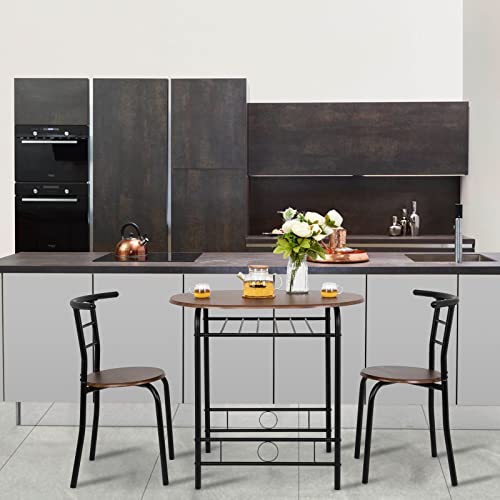 3 Piece Dining Set,Small Kitchen Table Set for 2,Breakfast Table Set for 2,Kitchen Wooden Table and 2 Chairs for Small Space/Dining Room/Apartment,Metal Frame,Wine Rack,Black&Walnut