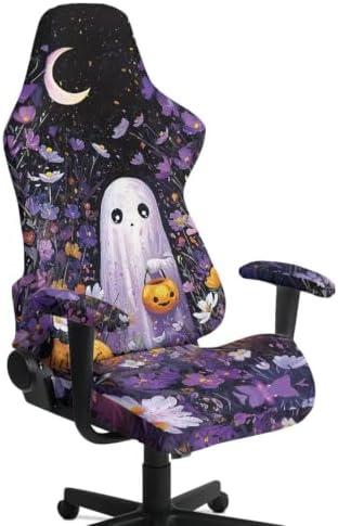 Purple Gaming Chair Cover Stretchable Game Chair Slipcovers with 2 Armrest Covers Halloween Cute Ghost Gamer Desk Chair Covers for Computer Office Seat