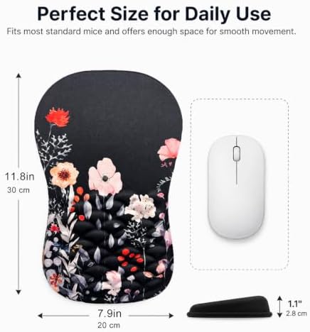 Ergonomic Mouse Pad with Wrist Rest, Mouse Pad with Memory Foam Massage Support, Non-Slip PU Base, Comfortable Typing Cushion for Home Office Computer Laptop, Flower Black