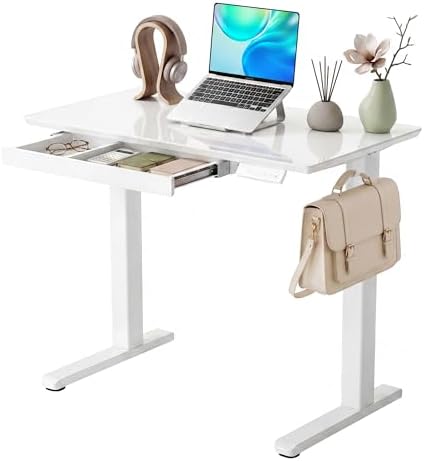 Claiks Glass Standing Desk with Drawers 35x20 Inch Super White