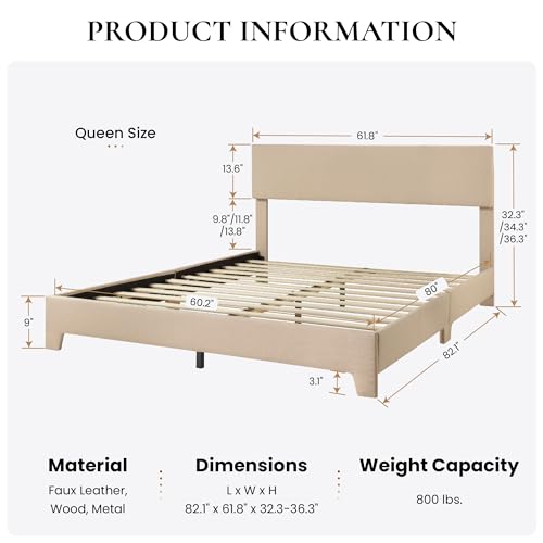 Linen Upholstered Queen Size Bed Frame with Headboard, Beige