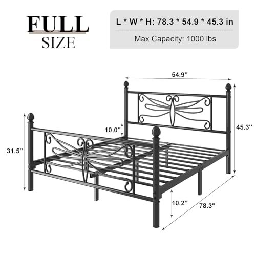 E-Ser Full Size Bed Frame, Metal Platform Bed with Dragonfly Pattern, Black