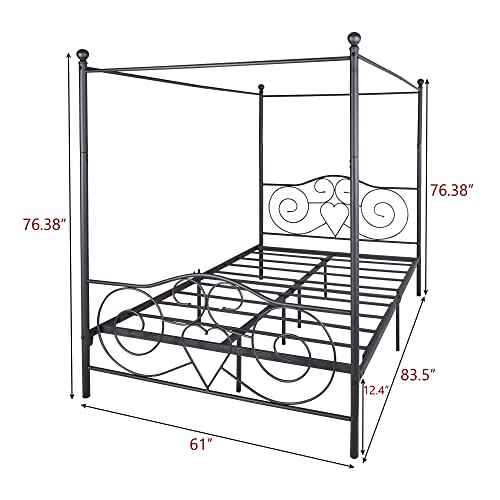 Queen Canopy Bed Frame, Metal Canopy Platform Bed, No Box Spring Needed, Black Vintage Style