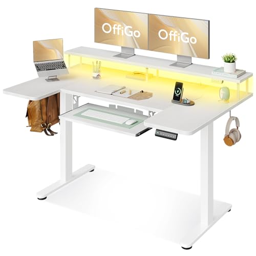 55 Inch U Shaped Electric Standing Desk with Keyboard Tray, White