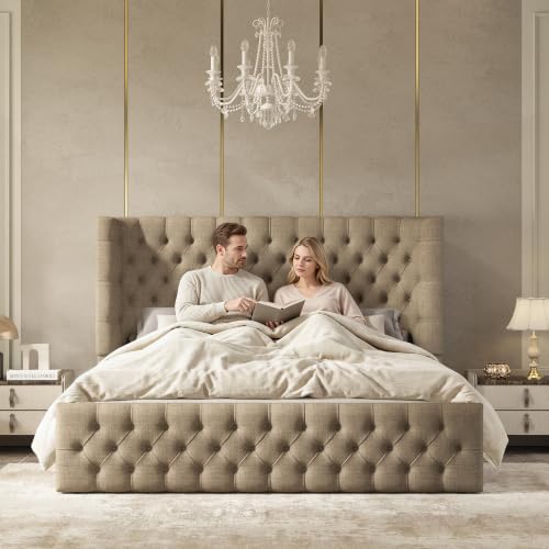 Queen Bed Frame Upholstered Wingback Headboard & Footboard,Khaki