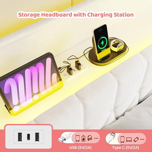 Twin Canopy Bed Frame with Drawers, LED and Charging Station,White