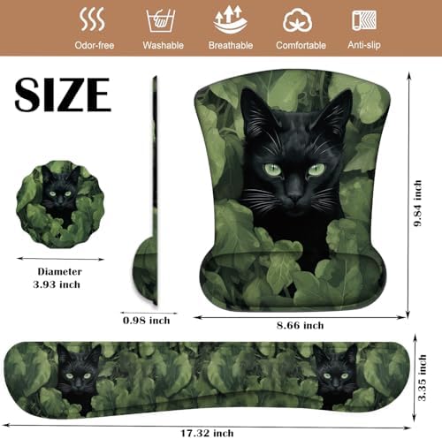 Keyboard Wrist Rest and Mouse Pad Wrist Support with Lace-Shaped Coaster Set, Ergonomic Gel Memory Foam and Anti-Slip Base, Easy Typing and Pain Relief - Black Cat