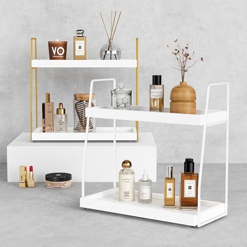 Forbena White 2 Tier Bathroom Organizer Countertop, Small Counter Top Organizer for Bathroom Decor, Modern Kitchen Counter Shelf for Snack, Vanity Makeup Organizers and Storage Tray for Bedroom